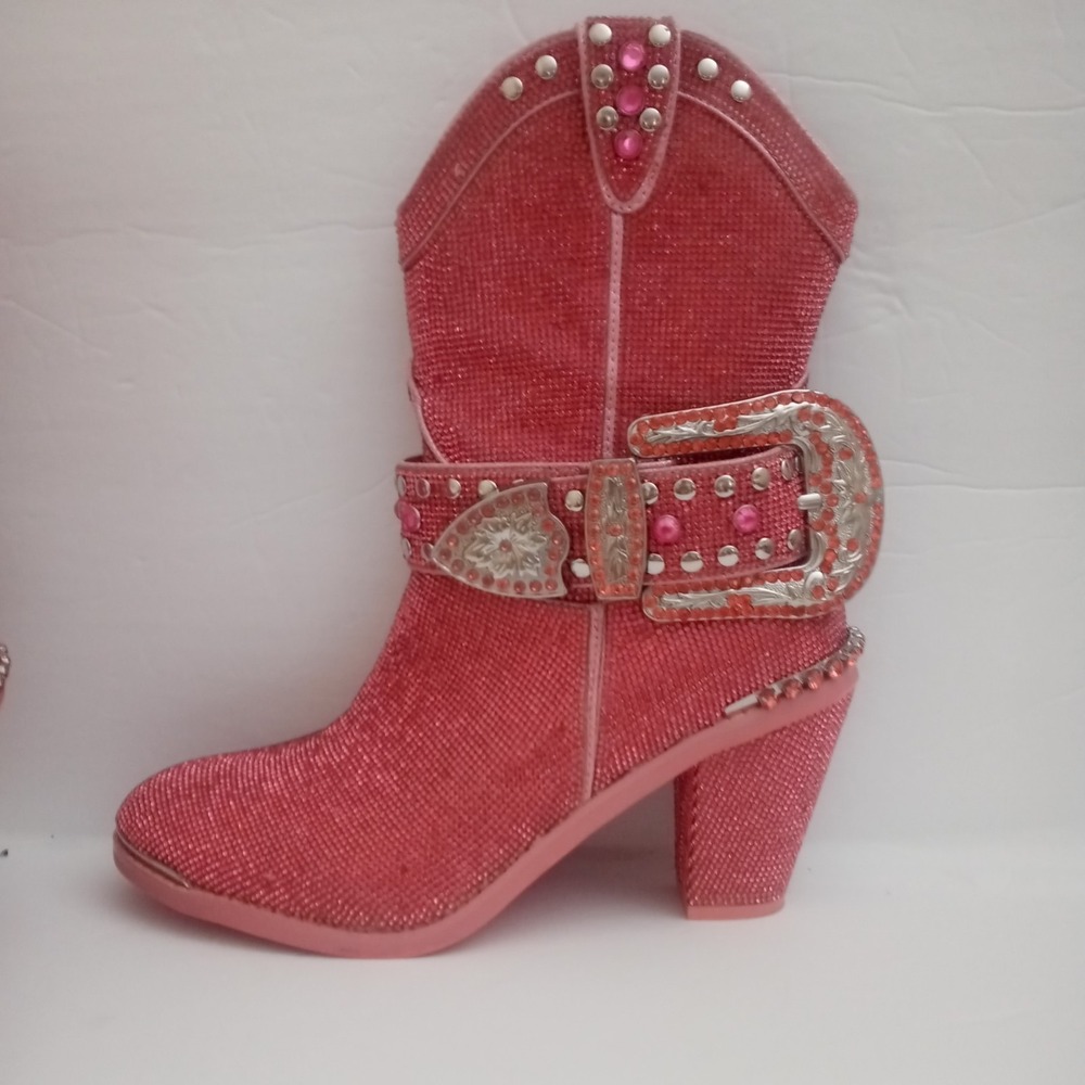 Dolls Kill sz 10M Pink Sharp Sheriff Shine Cowboy Boots ankle bootie Rhinestones - Picture 7 of 13